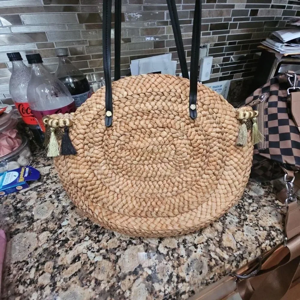 Sam Edelman Round Woven Straw Tote Bag with Decorative Tassels and Coin Accents